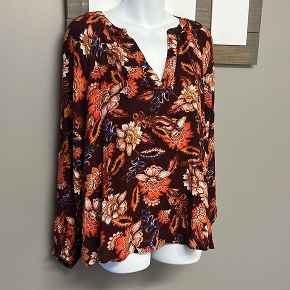 Old Navy Autumn Fall V Neck Long Sleeve Flowy Boho Rayon Blouse- Medium - Picture 3 of 13